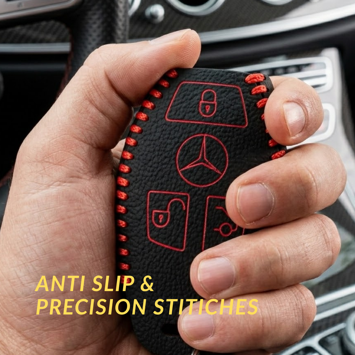 ACTO Leather Car Key Cover with Key Chain Compatible for Mercedes-Benz C-Class, M-Class, S-Class & GL-Series Smart Key | Premium Black Leather with Red Stitching | 360° Protection | Pack of 1