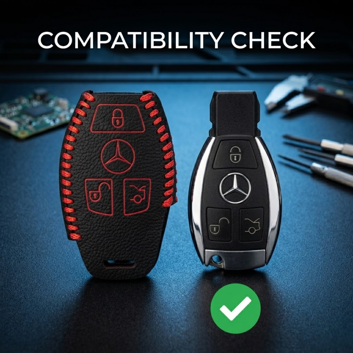ACTO Leather Car Key Cover with Key Chain Compatible for Mercedes-Benz C-Class, M-Class, S-Class & GL-Series Smart Key | Premium Black Leather with Red Stitching | 360° Protection | Pack of 1