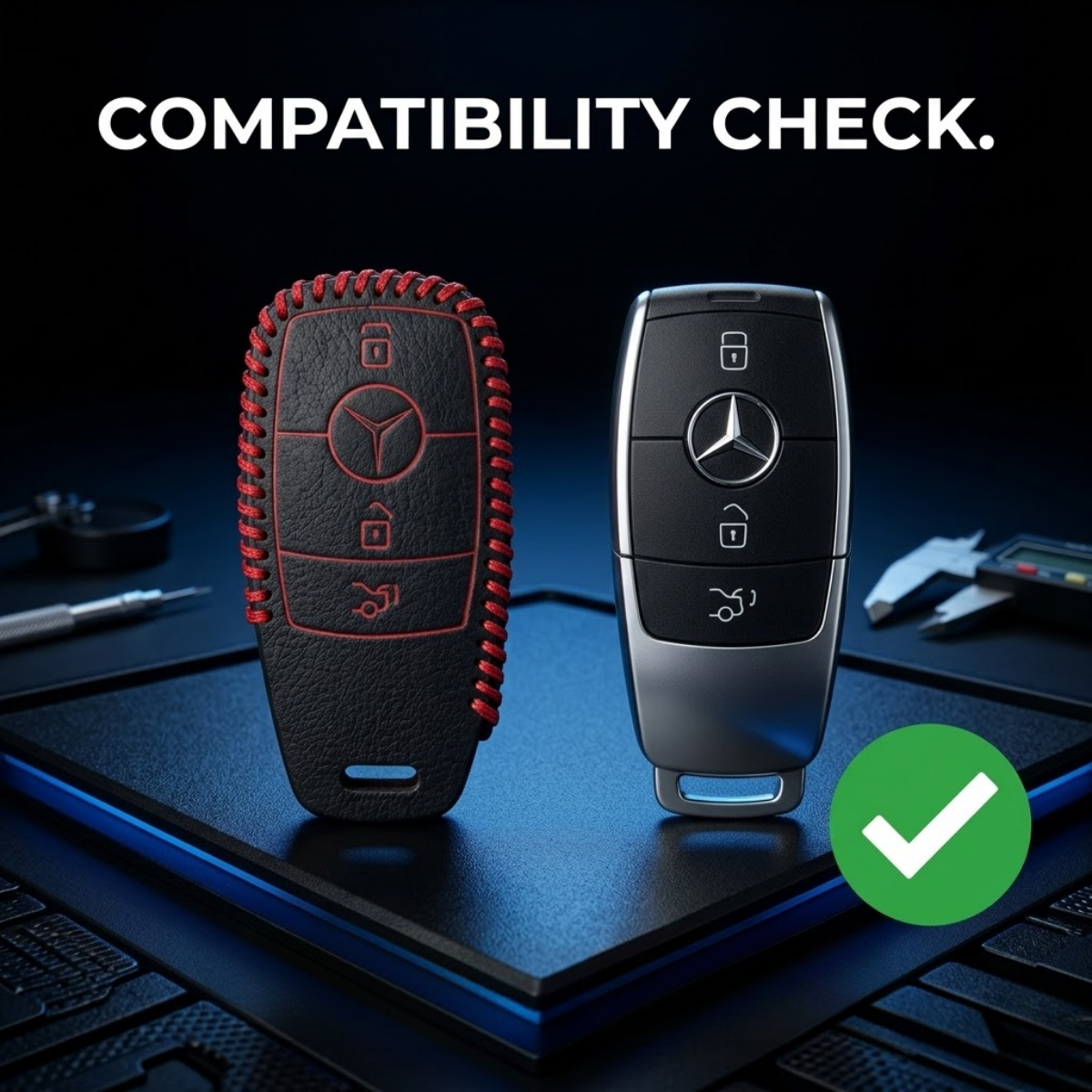 ACTO Leather Car Key Cover with Key Chain Compatible for Mercedes-Benz C-Class, M-Class, S-Class & GL-Series Smart Key | Premium Black Leather with Red Stitching | 360° Protection | Pack of 1