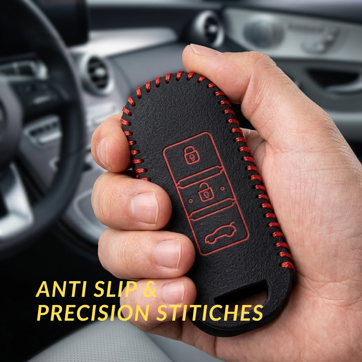 ACTO Leather Car Key Cover with Key Chain Compatible for MG Hector Smart Key | Premium Black Leather with Red Stitching | 360° Protection | Pack of 1