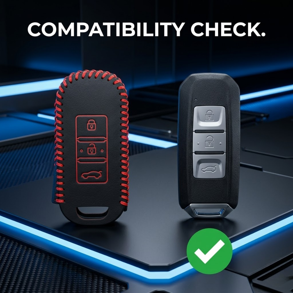 ACTO Leather Car Key Cover with Key Chain Compatible for MG Hector Smart Key | Premium Black Leather with Red Stitching | 360° Protection | Pack of 1