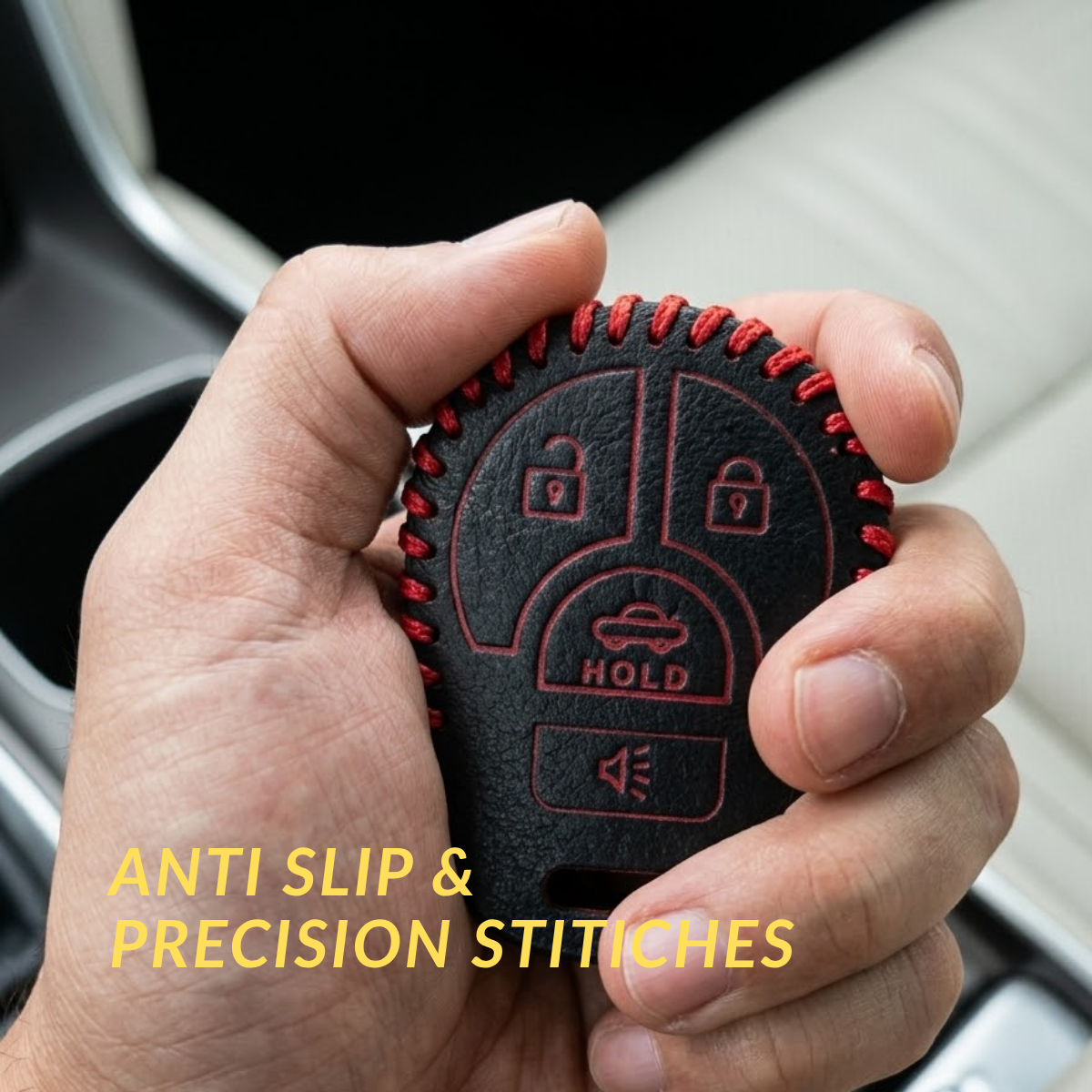 ACTO Leather Car Key Cover with Key Chain Compatible for Nissan Micra, Sunny & Teana Smart Key | Premium Black Leather with Red Stitching | 360° Protection | Pack of 1