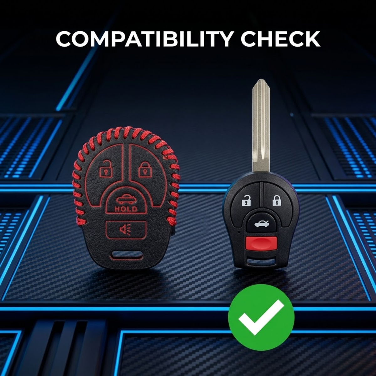 ACTO Leather Car Key Cover with Key Chain Compatible for Nissan Micra, Sunny & Teana Smart Key | Premium Black Leather with Red Stitching | 360° Protection | Pack of 1