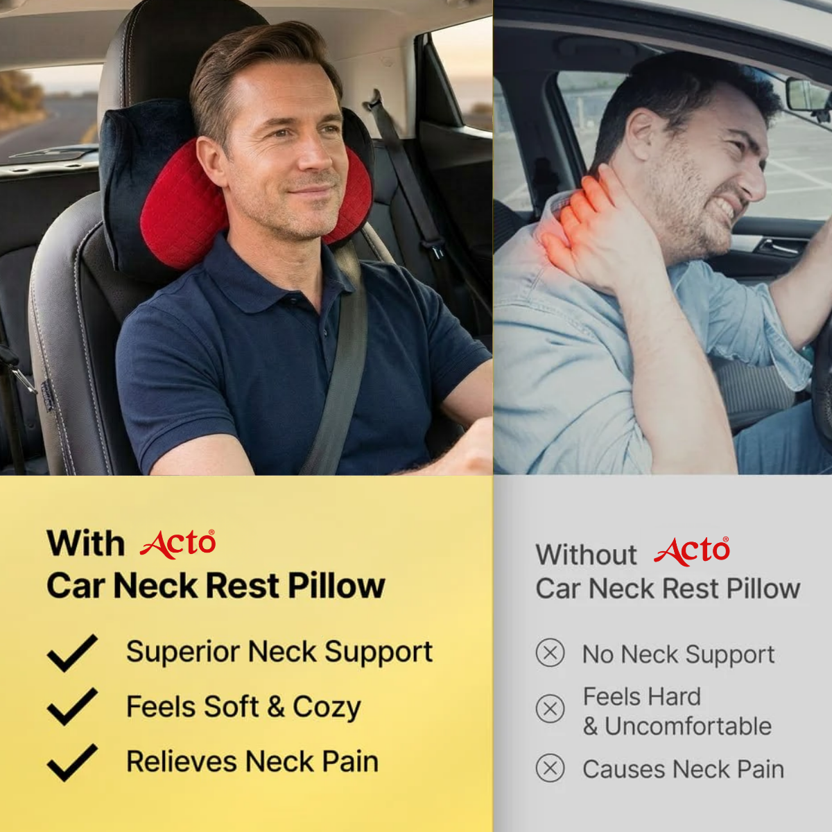 Acto Premium Car Neck Rest Cushion Kaju | Ergonomic Memory Foam Headrest Pillow | Soft Quilted Design | Neck & Cervical Support for Long Drives | Universal Fit for All Cars