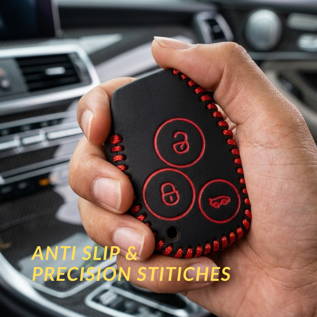 ACTO Leather Car Key Cover with Key Chain Compatible for Renault Duster, Lodgy, Logan & Verito (3 Button Remote Key) | Premium Black with Red Stitching | 360° Protection | Stylish Key Case | Pack of 1