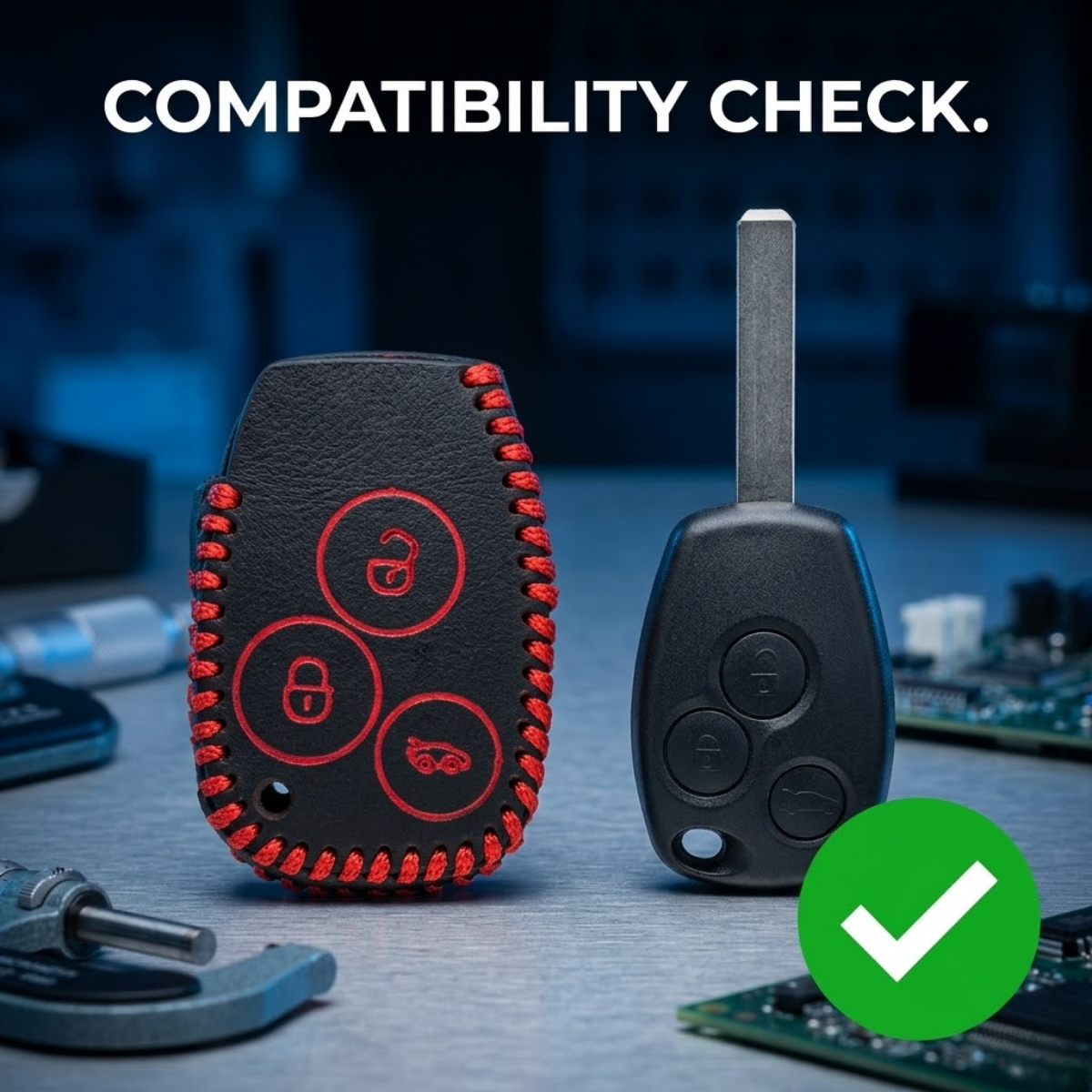 ACTO Leather Car Key Cover with Key Chain Compatible for Renault Duster, Lodgy, Logan & Verito (3 Button Remote Key) | Premium Black with Red Stitching | 360° Protection | Stylish Key Case | Pack of 1