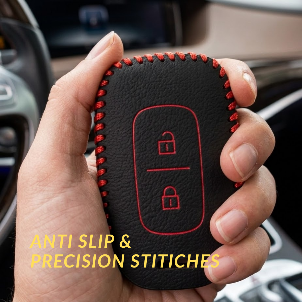 ACTO Leather Car Key Cover with Key Chain Compatible for Renault Duster, Kwid, Triber & Redi-Go (3 Button Remote Key) | Premium Black with Red Stitching | 360° Protection | Stylish Key Case | Pack of 1