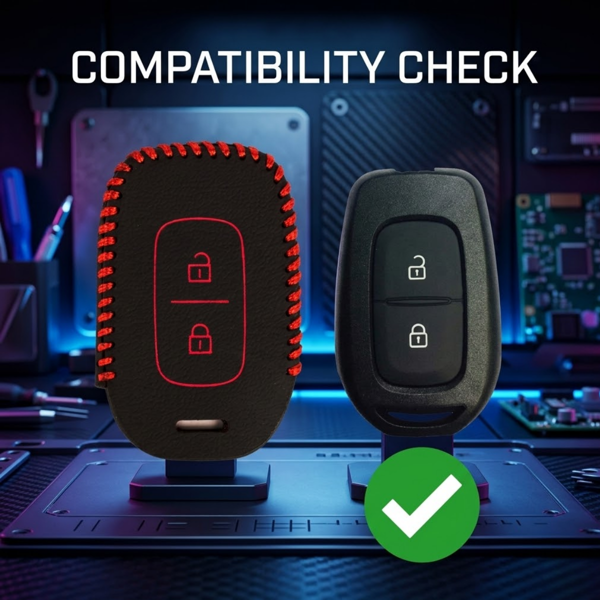 ACTO Leather Car Key Cover with Key Chain Compatible for Renault Duster, Kwid, Triber & Redi-Go (3 Button Remote Key) | Premium Black with Red Stitching | 360° Protection | Stylish Key Case | Pack of 1