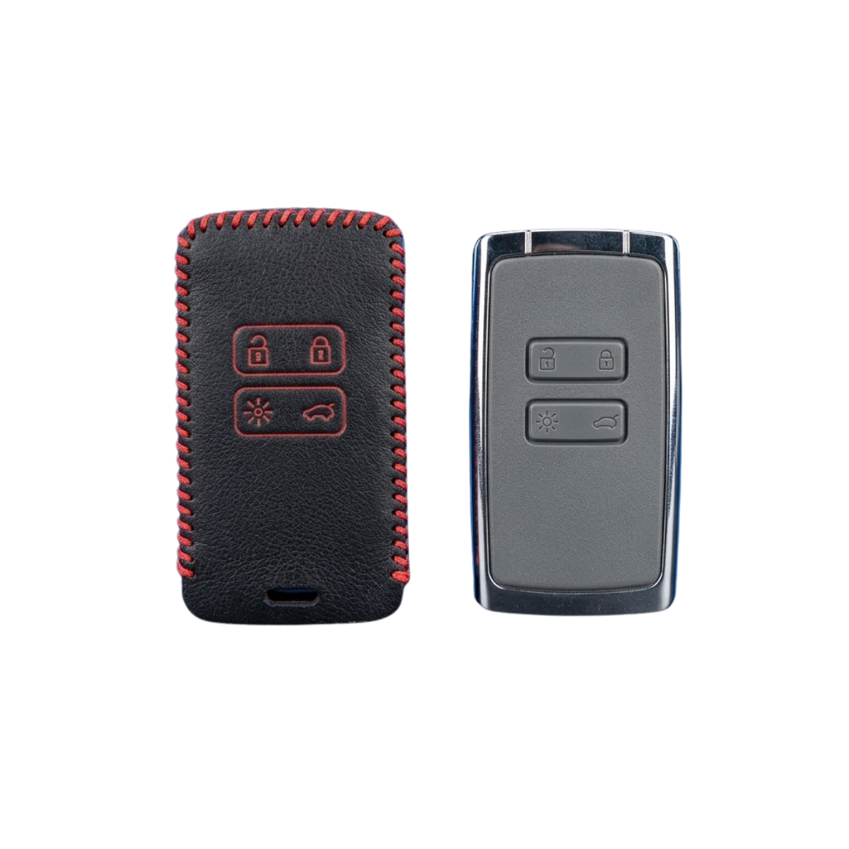 ACTO Leather Car Key Cover with Key Chain Compatible for Renault Triber & Kiger (4 Button Remote Key) | Premium Black with Red Stitching | 360° Protection | Stylish Key Case | Pack of 1