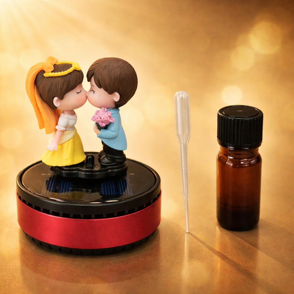 Acto Solar Powered Rotating Kissing KS03 Couple Showpiece with Aroma Diffuser Bottle – Romantic Dashboard & Home Decor