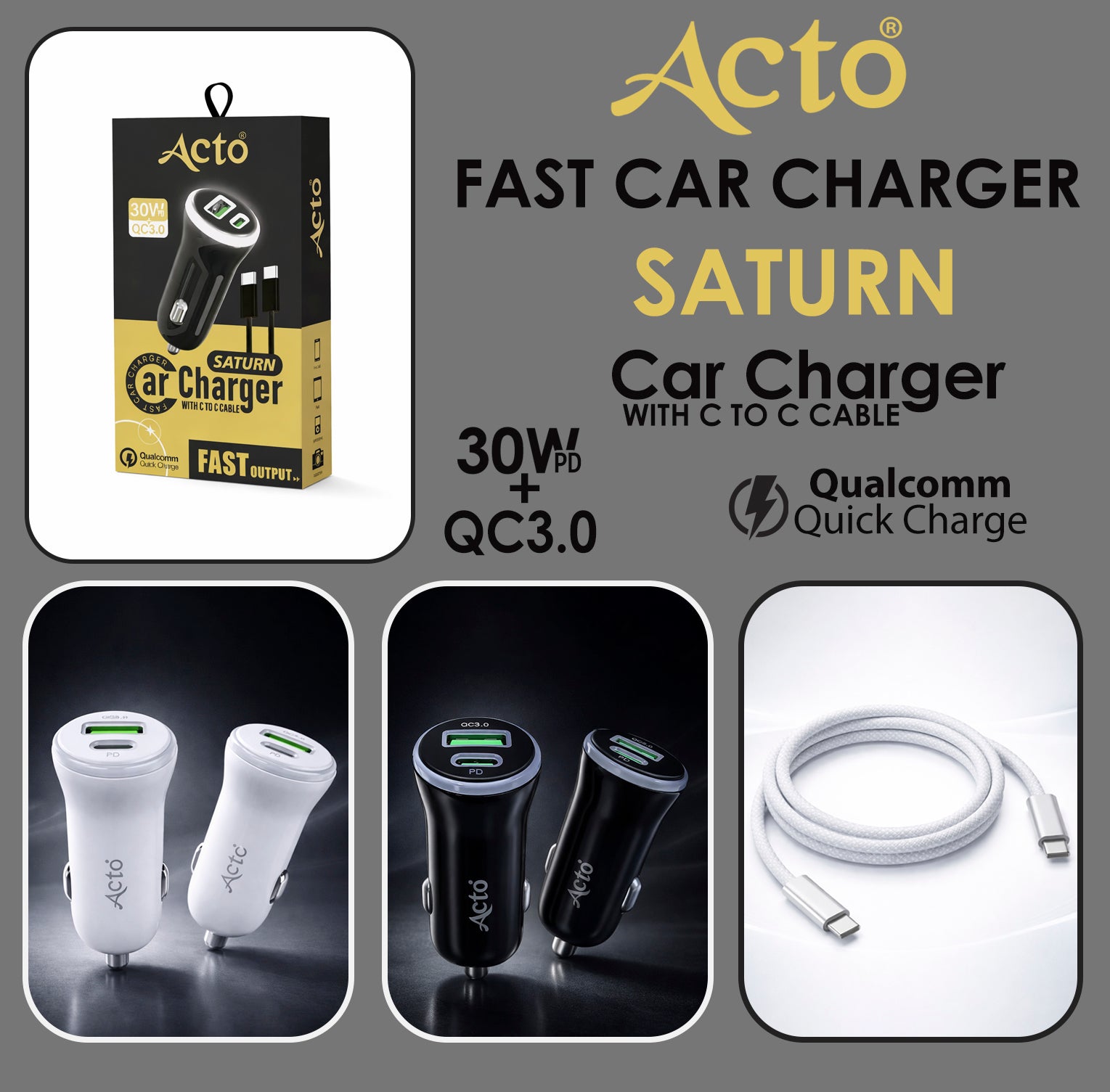 ACTO Saturn Car Mobile Charger with C to C Data Cable Fast Output QC3.0+30W PD Charger Pack of 1 Pcs