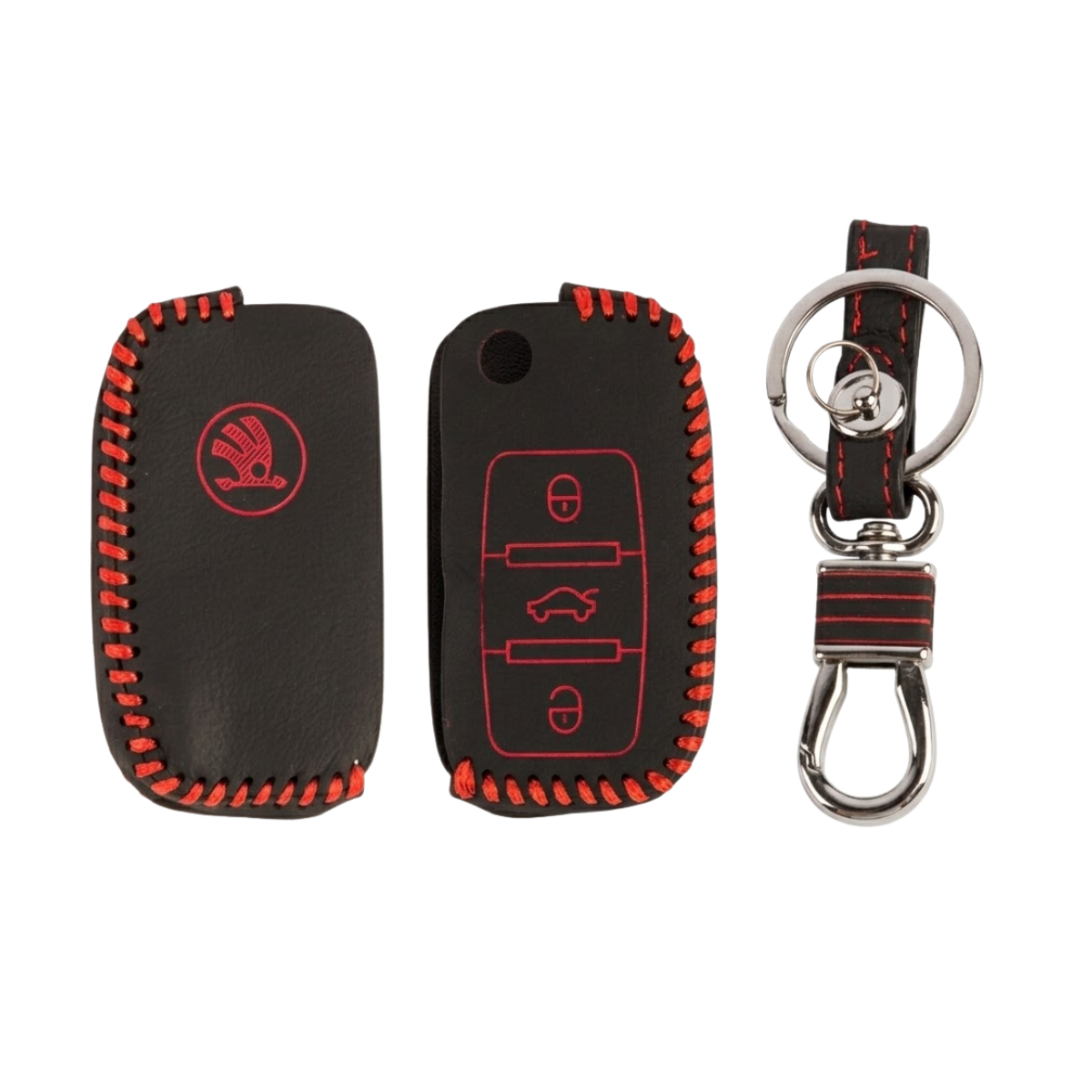 ACTO Leather Car Key Cover with Key Chain Compatible for Skoda Ameo, Jetta, Polo, Vento & Skoda Rapid, Octavia, Fabia, Laura, Superb, Yeti Premium Black with Red Stitching | 360° Protection | Stylish Key Case | Pack of 1