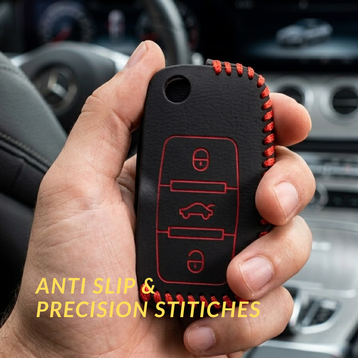ACTO Leather Car Key Cover with Key Chain Compatible for Skoda Ameo, Jetta, Polo, Vento & Skoda Rapid, Octavia, Fabia, Laura, Superb, Yeti Premium Black with Red Stitching | 360° Protection | Stylish Key Case | Pack of 1
