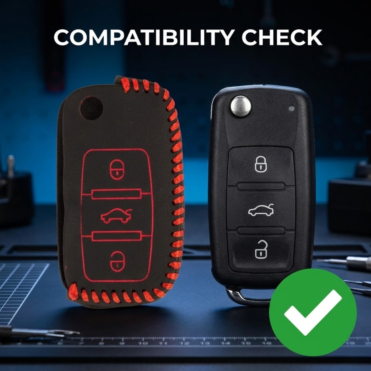 ACTO Leather Car Key Cover with Key Chain Compatible for Skoda Ameo, Jetta, Polo, Vento & Skoda Rapid, Octavia, Fabia, Laura, Superb, Yeti Premium Black with Red Stitching | 360° Protection | Stylish Key Case | Pack of 1