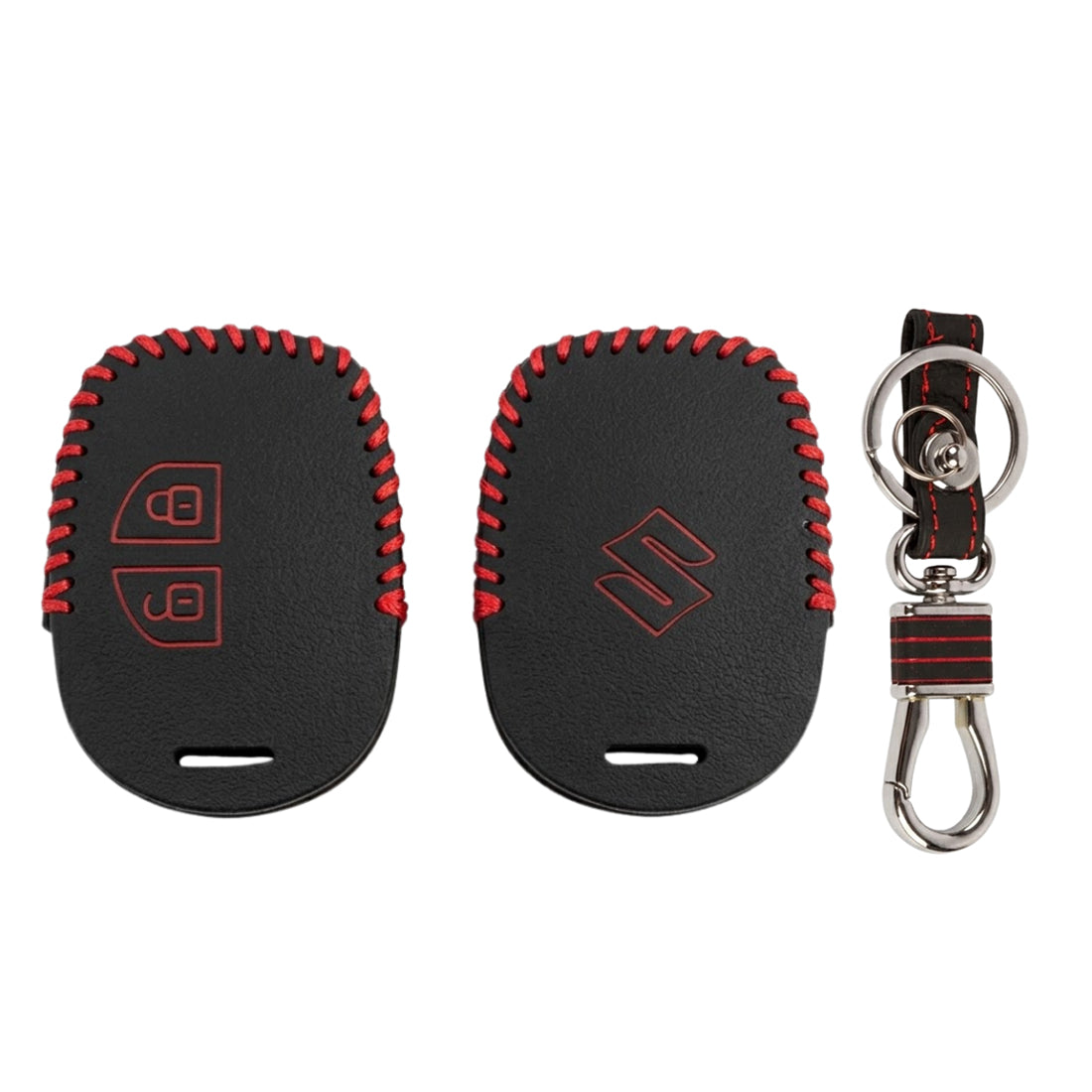 ACTO Leather Car Key Cover with Key Chain Compatible for Maruti Suzuki Alto, Alto K10, Alto 800, Baleno, Brezza, Swift, Celerio, Dzire, Ciaz, Ignis, S-Cross, Ertiga, XL6, S-Presso, Ritz, SX4, WagonR Black with Red Stitching | 360° Protection | Pack of 1