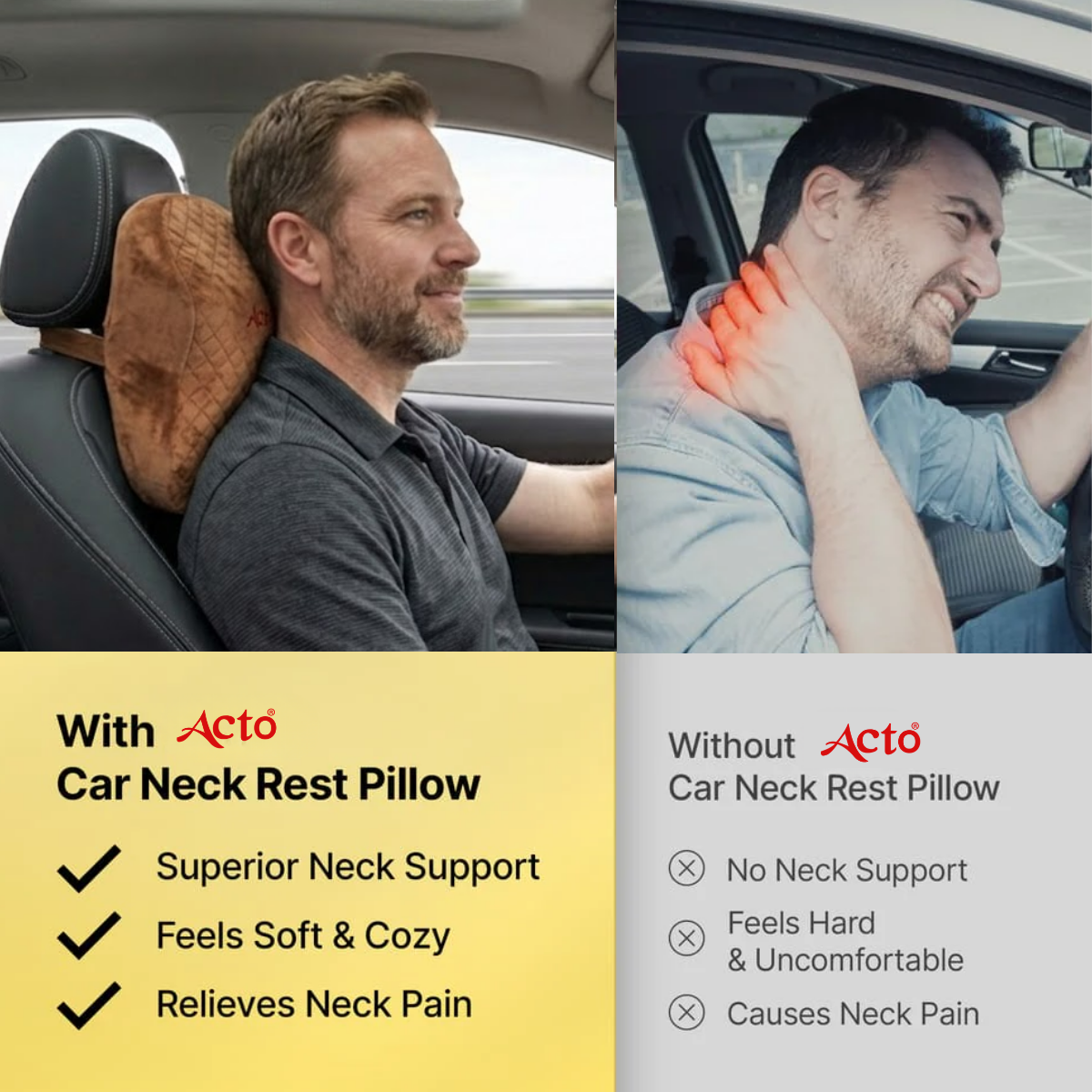 Acto Premium Car Neck Rest Jumbo for Seat Headrest | Ergonomic Memory Foam Cushion | Soft Quilted Design | Neck Support for Long Drives | Universal Fit for All Cars