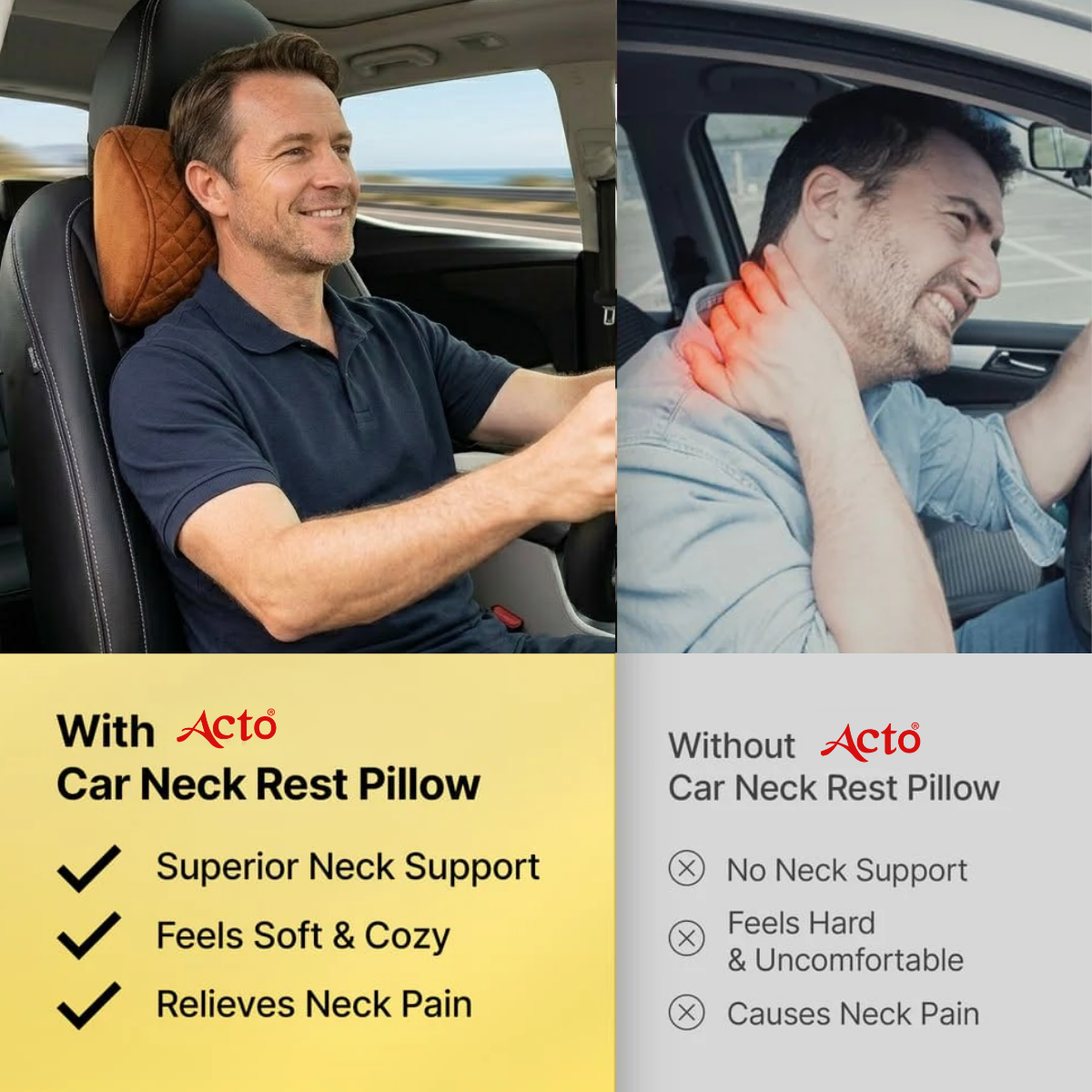 Acto Premium Car Neck Rest Comfy Cushion for Seat Headrest | Ergonomic Memory Foam Neck Support Pillow | Soft Quilted Comfort Design | Reduces Neck Pain for Long Drives | Universal Fit for All Cars