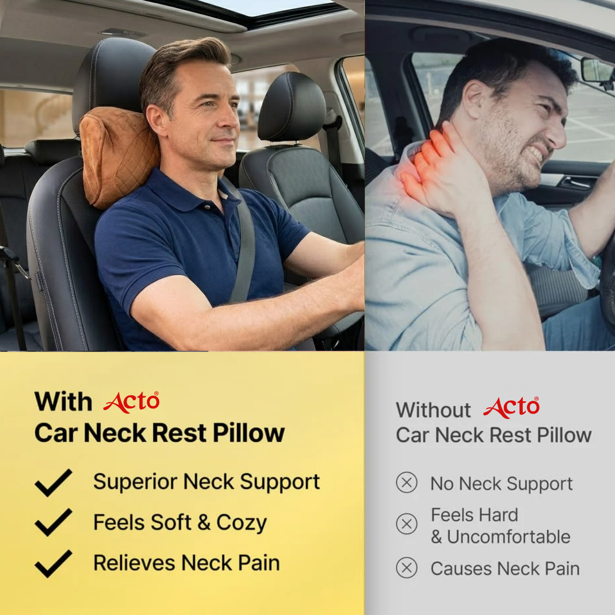 Acto Premium Car Neck Rest Cushion Kaju | Ergonomic Memory Foam Headrest Pillow | Soft Quilted Design | Neck & Cervical Support for Long Drives | Universal Fit for All Cars