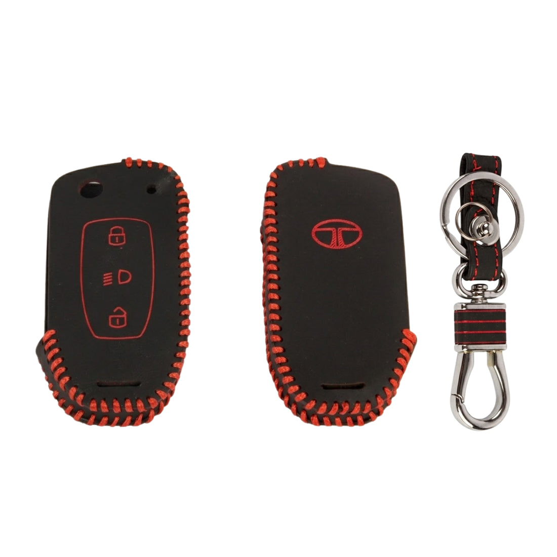 ACTO Leather Car Key Cover with Key Chain Compatible for Tata Bolt, Nexon, Tigor, Hexa, Tiago & Zest (Flip/Remote Key) | Premium Black with Red Stitching | 360° Protection | Stylish Key Case | Pack of 1