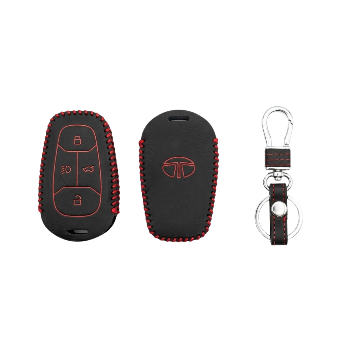ACTO Leather Car Key Cover with Key Chain Compatible for Tata Altroz, Harrier & Nexon (Smart Key) | Premium Black with Red Stitching | 360° Protection | Stylish Key Case | Pack of 1