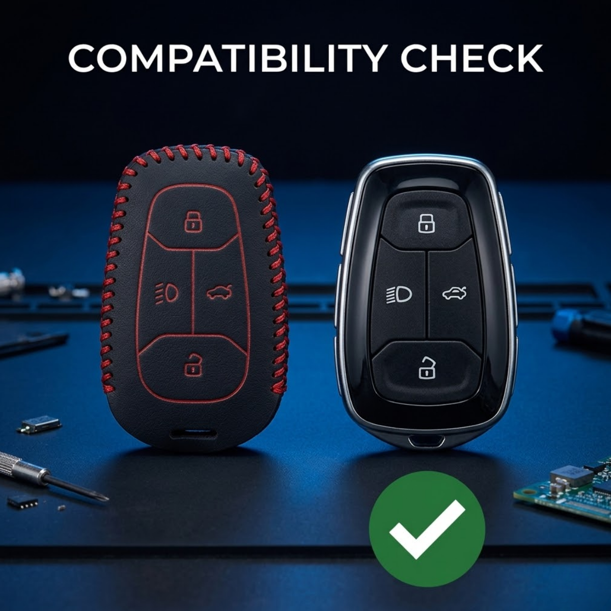 ACTO Leather Car Key Cover with Key Chain Compatible for Tata Altroz, Harrier & Nexon (Smart Key) | Premium Black with Red Stitching | 360° Protection | Stylish Key Case | Pack of 1