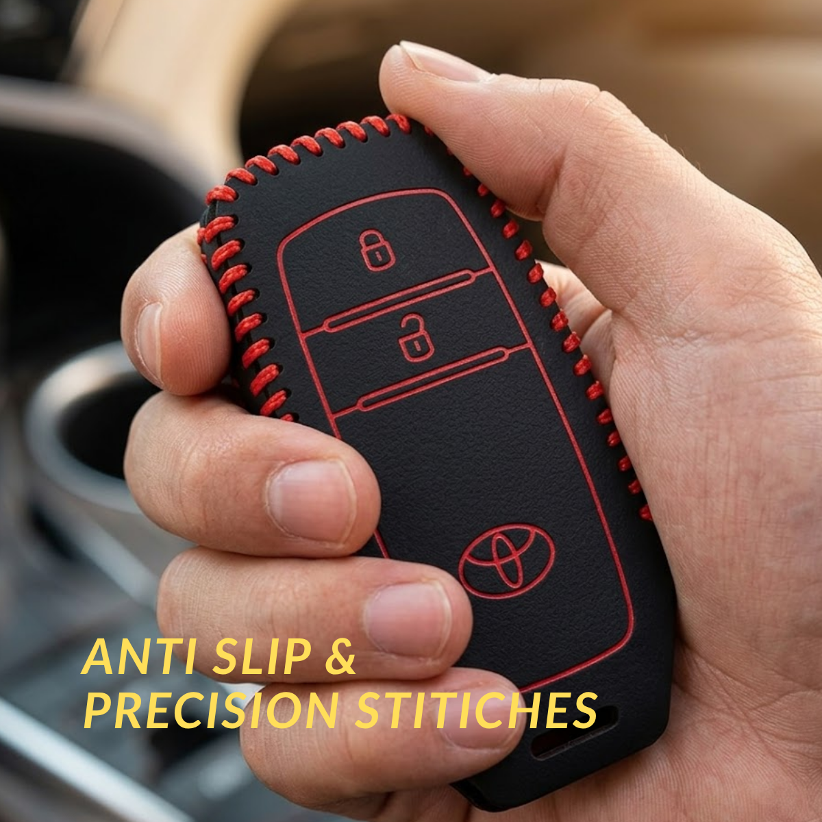 ACTO Leather Car Key Cover with Key Chain Compatible for Toyota Fortuner & Innova Crysta (2 Button Remote Key) | Premium Black with Red Stitching | 360° Protection | Stylish Key Case | Pack of 1