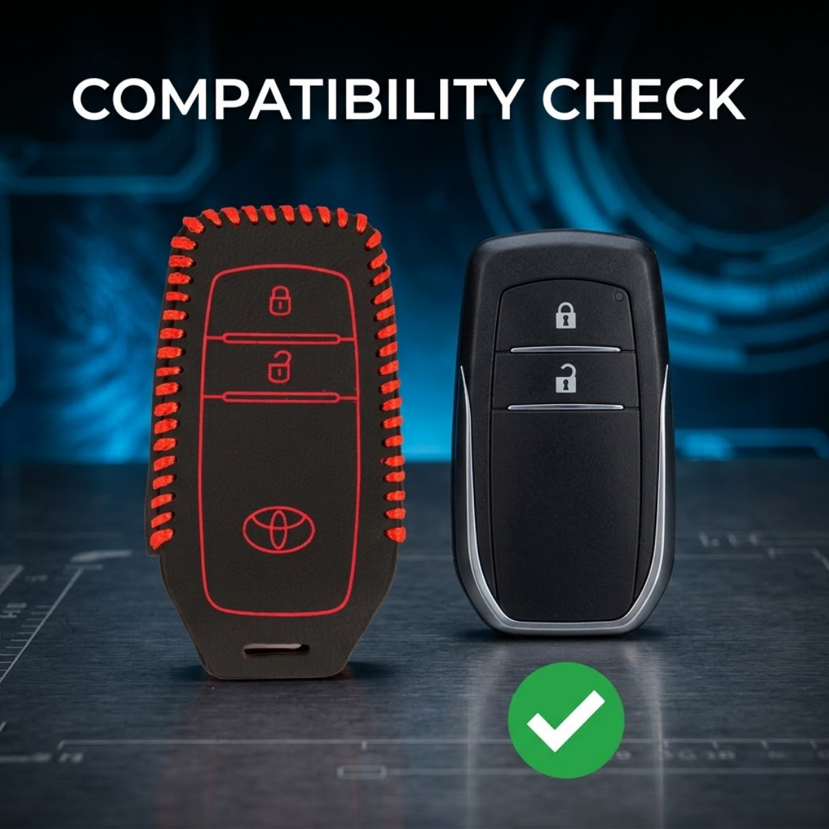 ACTO Leather Car Key Cover with Key Chain Compatible for Toyota Fortuner & Innova Crysta (2 Button Remote Key) | Premium Black with Red Stitching | 360° Protection | Stylish Key Case | Pack of 1