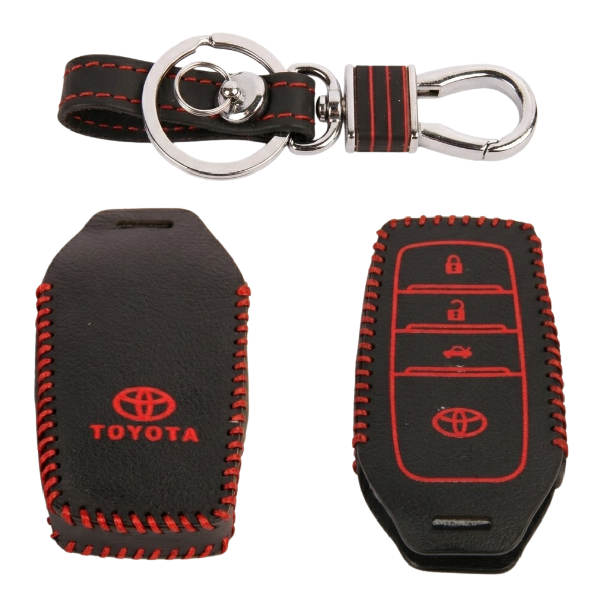 ACTO Leather Car Key Cover with Key Chain Compatible for Toyota Fortuner & Innova Crysta 3 Button Remote Key | Premium Black Leather with Red Stitching | 360° Protection | Stylish Key Case | Pack of 1