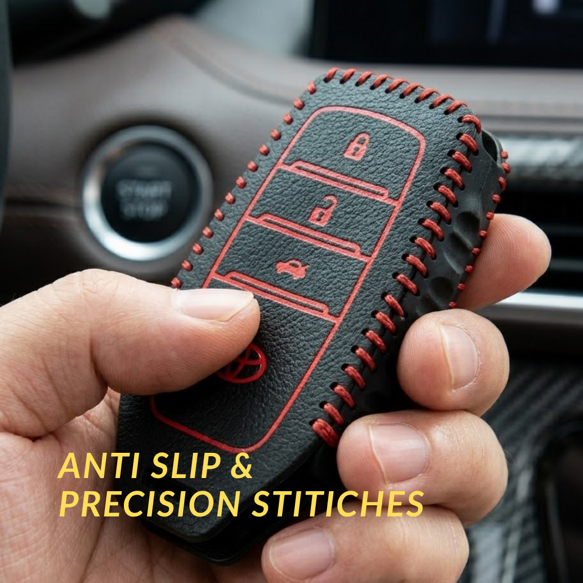 ACTO Leather Car Key Cover with Key Chain Compatible for Toyota Fortuner & Innova Crysta 3 Button Remote Key | Premium Black Leather with Red Stitching | 360° Protection | Stylish Key Case | Pack of 1