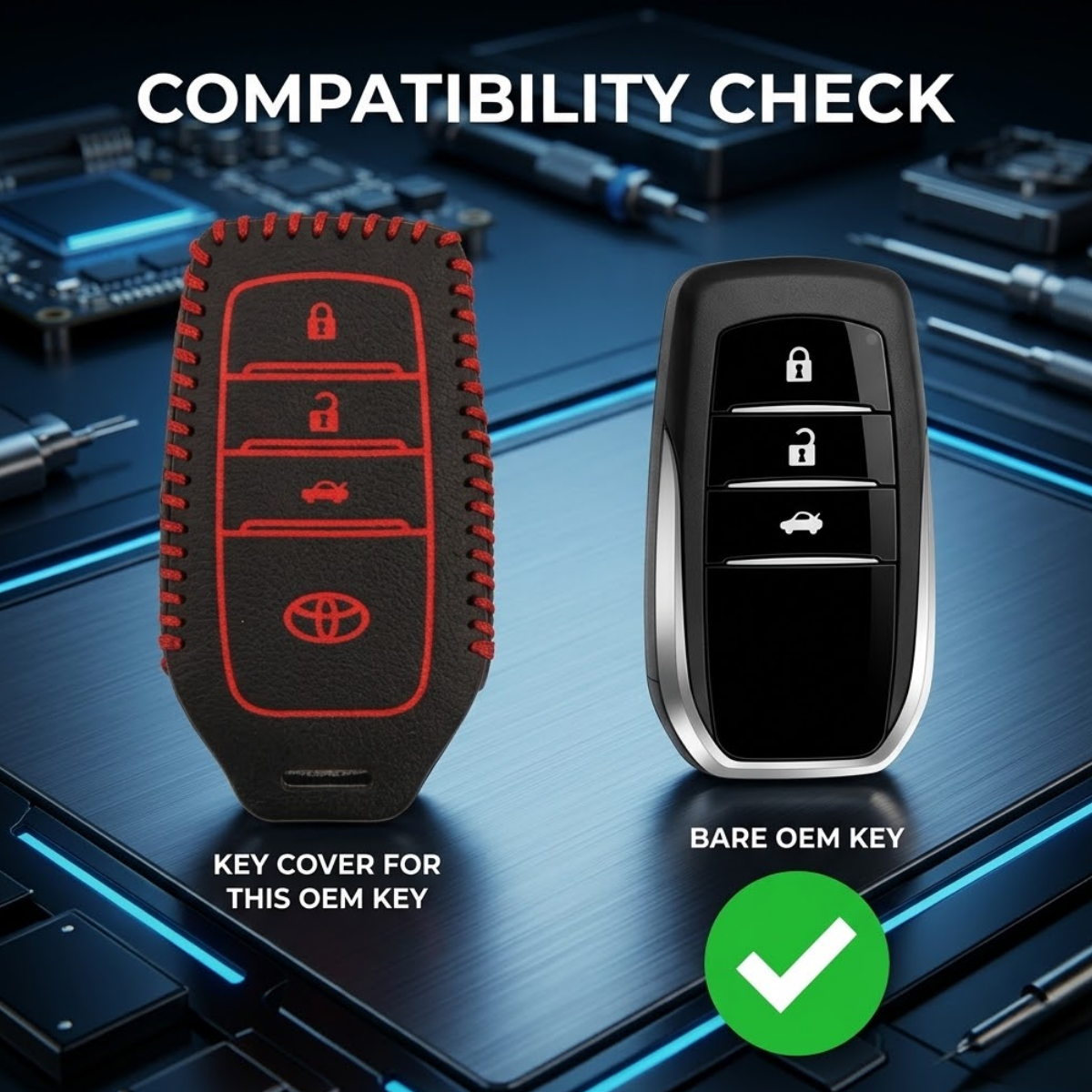 ACTO Leather Car Key Cover with Key Chain Compatible for Toyota Fortuner & Innova Crysta 3 Button Remote Key | Premium Black Leather with Red Stitching | 360° Protection | Stylish Key Case | Pack of 1