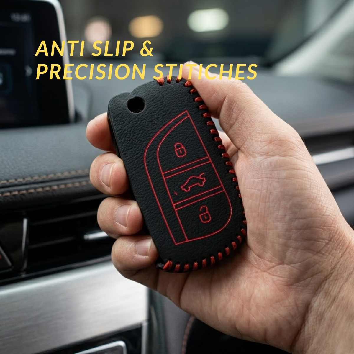 ACTO Leather Car Key Cover with Key Chain Compatible for Toyota Corolla Altis & Innova Crysta (3 Button Flip Key) | Premium Black with Red Stitching | 360° Protection | Stylish Key Case | Pack of 1