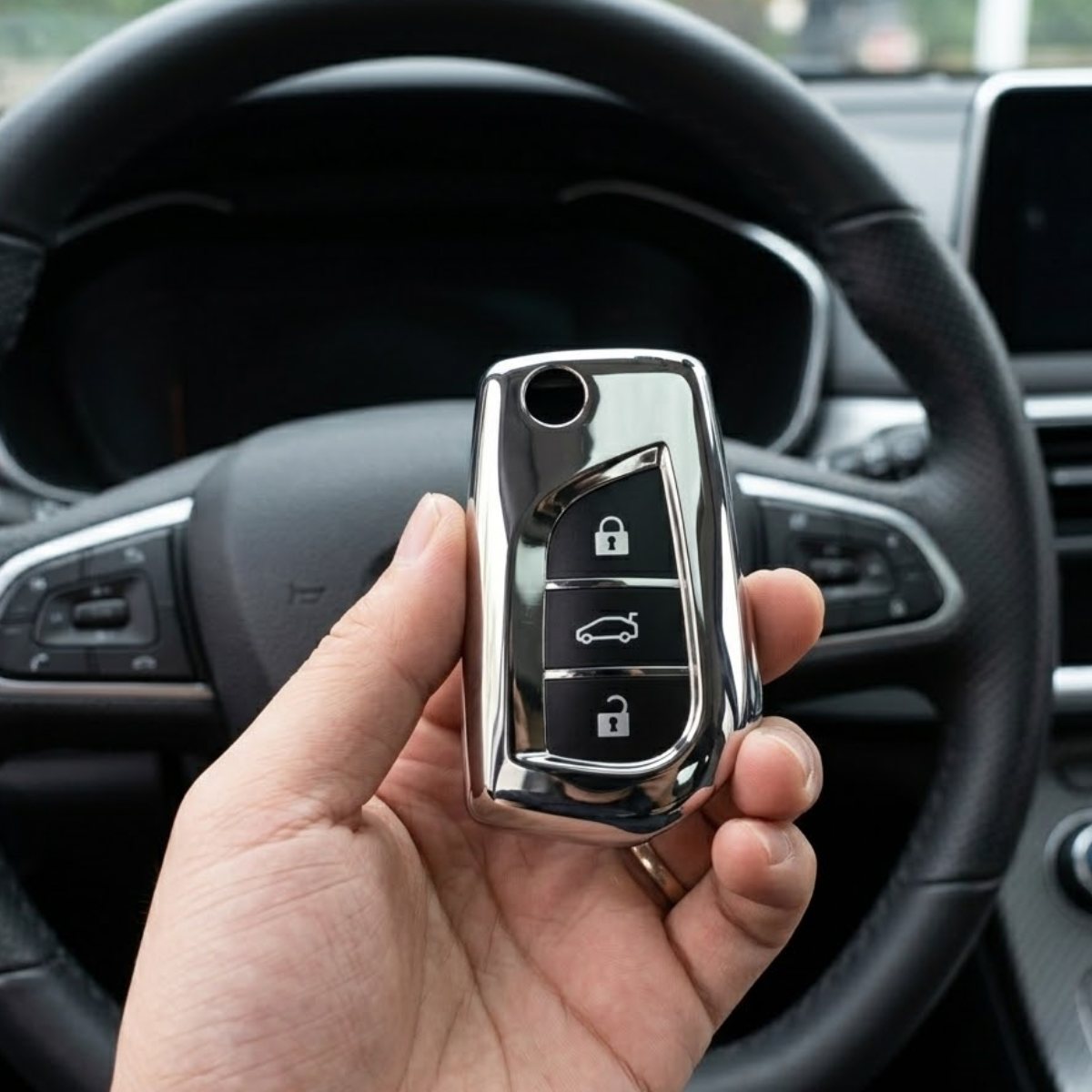 Acto Car Key Cover Chromium Series Compatible with Toyota Corolla Altis, Innova Crysta 3 Button Flip Key | Premium Chrome Finish Hard Case | 360° Protection | Scratch Resistant Key Cover with Keychain | Pack of 1