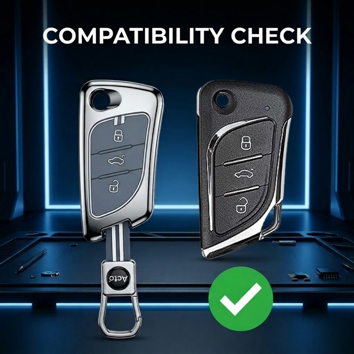 Acto Metal Sapphire Key Cover & Key Chain Compatible with Xhorse Duplicate Smart Key | Premium Zinc Alloy Case | Glow-in-the-Dark Buttons | 360° Full Protection | Pack of 1