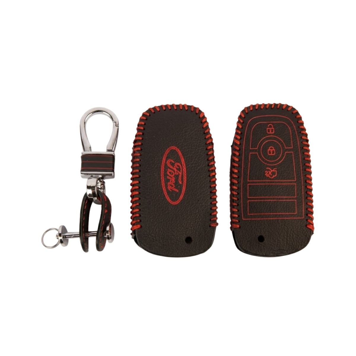 ACTO Leather Car Key Cover with Key Chain Compatible for Ford Aspire, Figo, New Fiesta, New Endeavour & New EcoSport 3 Button Smart Key | Premium Black Leather with Red Stitching | 360° Protection | Pack of 1