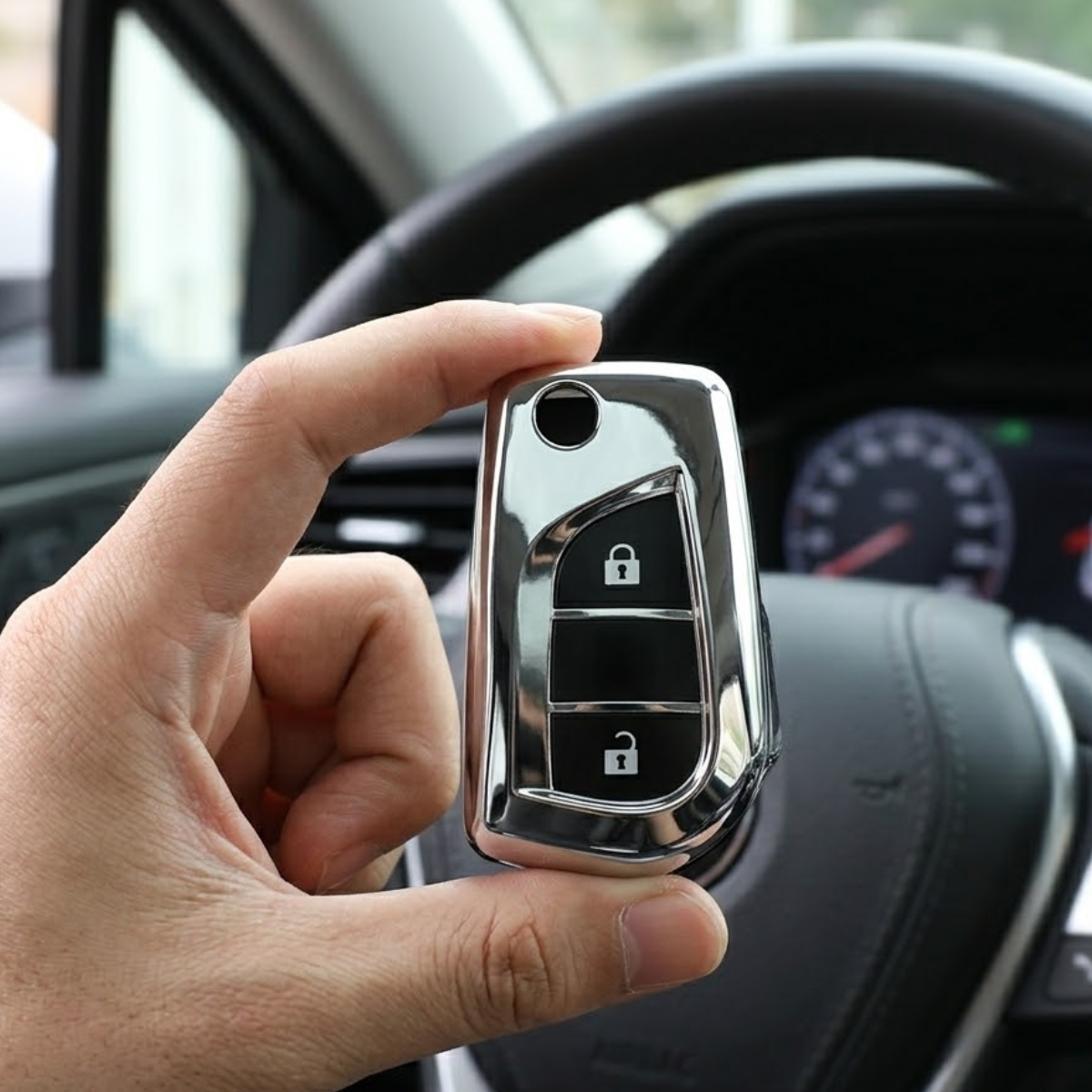 Acto Car Key Cover Chromium Series Compatible with Toyota Corolla Altis, Innova Crysta 2 Button Flip Key | Premium Chrome Finish Hard Case | 360° Protection | Scratch Resistant Key Cover with Keychain | Pack of 1