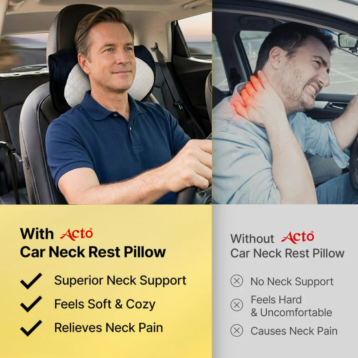 Acto Premium Car Neck Rest Cushion Kaju | Ergonomic Memory Foam Headrest Pillow | Soft Quilted Design | Neck & Cervical Support for Long Drives | Universal Fit for All Cars